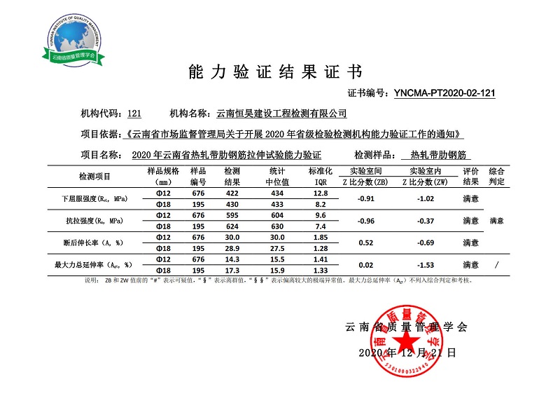 云南恒昊檢測(cè)獲  “2020年云南省熱軋帶肋鋼筋拉伸試驗(yàn)?zāi)芰︱?yàn)證”滿意證書